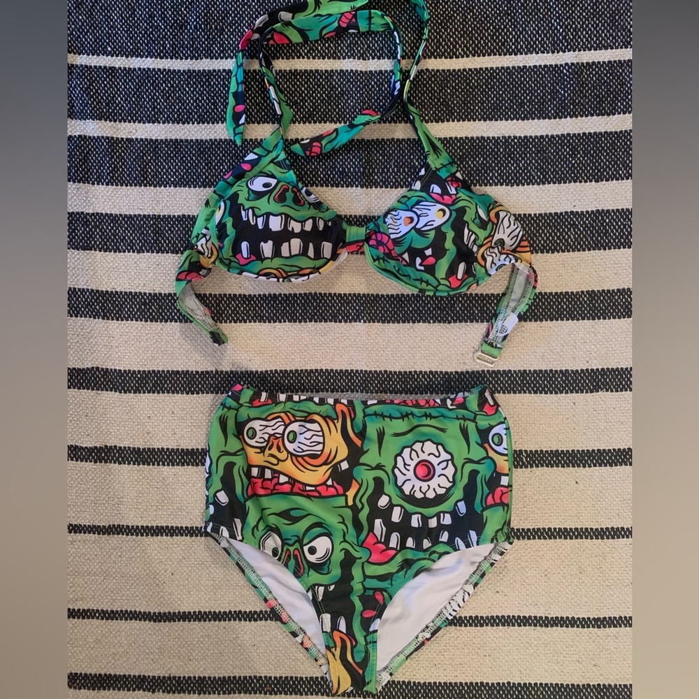 Sourpuss Fink Faces Two Piece Swimsuit- size small